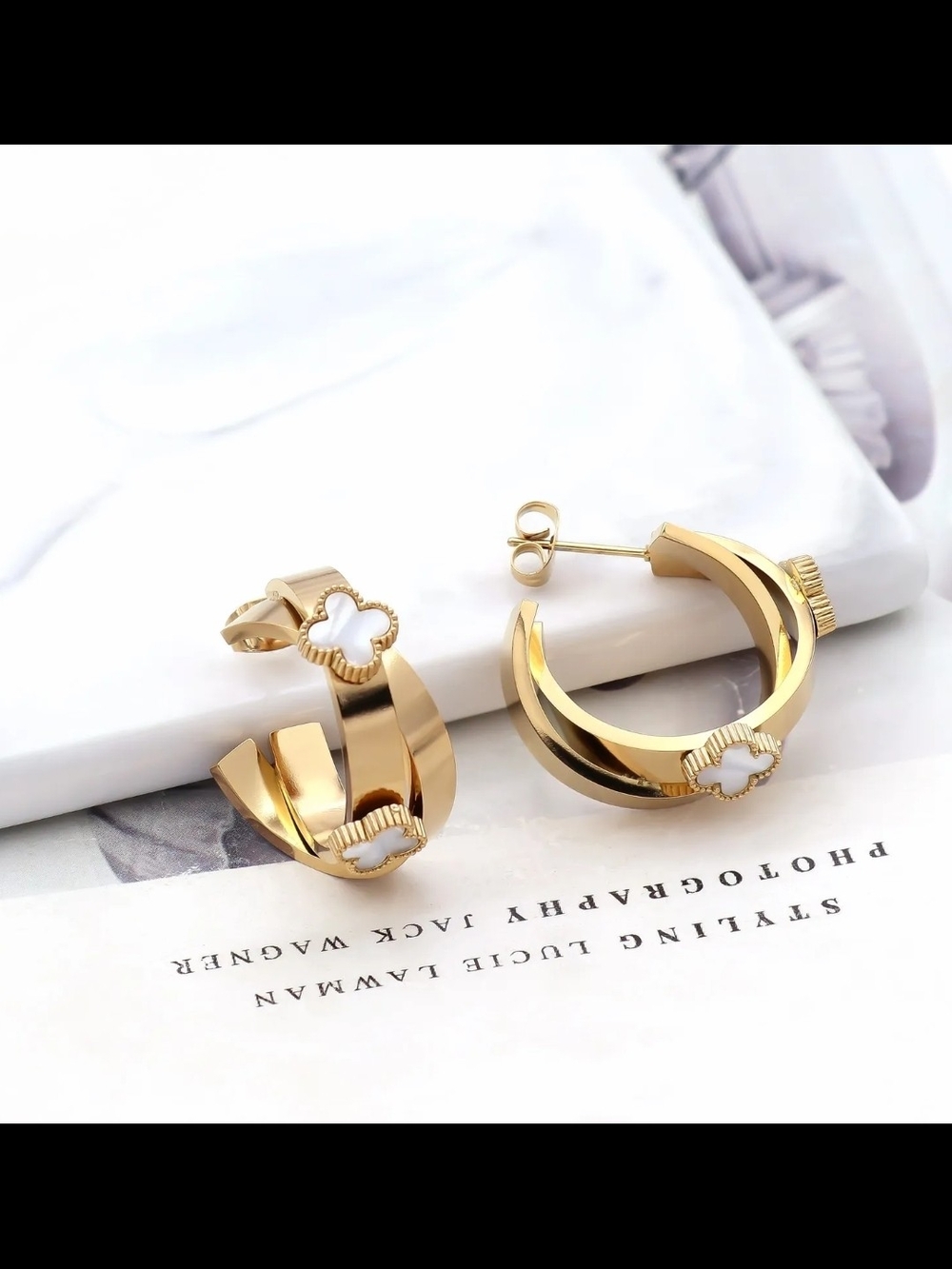Gold Hoop Earrings with White Clover Accent - Women Jewelry